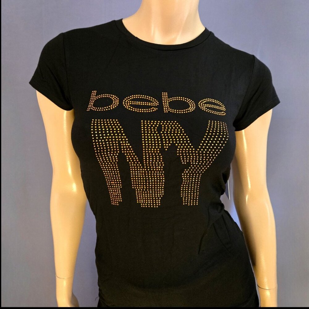 Bebe Top NY Black Rhinestone T shirt Size M Short Sleeve Y2K Mcbling Glitter